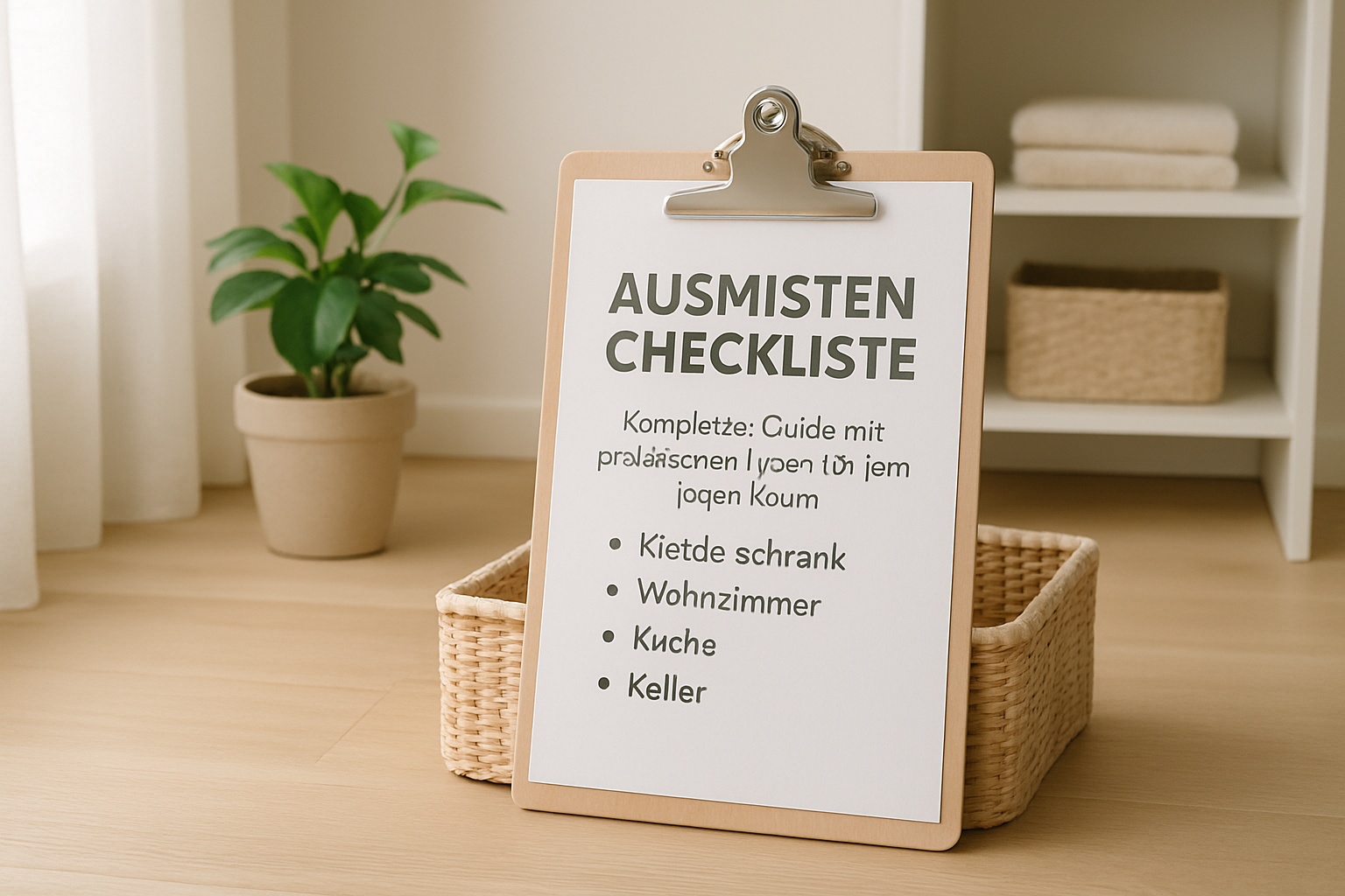 Übersichtliche Checkliste mit abgehakten Punkten neben aufgeräumtem Wohnraum