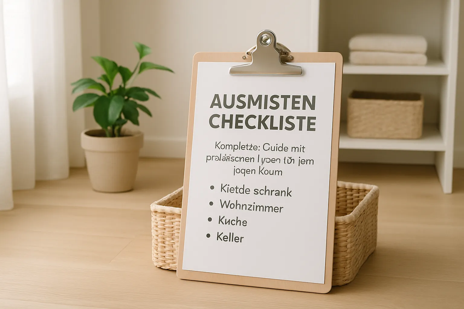 Übersichtliche Checkliste mit abgehakten Punkten neben aufgeräumtem Wohnraum