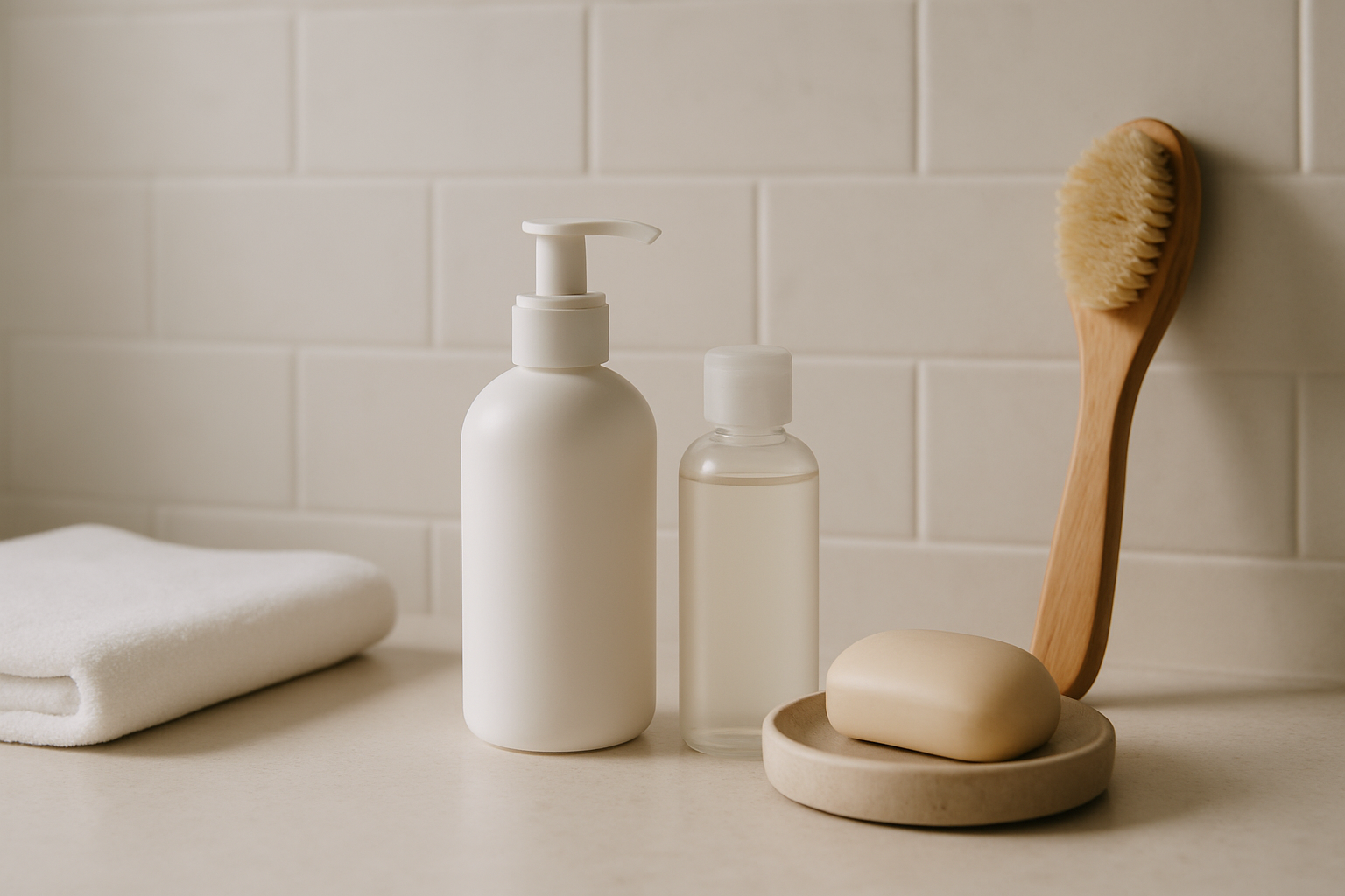 Aufgeräumtes minimalistisches Badezimmer mit weißen Flächen und wenigen sorgfältig ausgewählten Pflegeprodukten