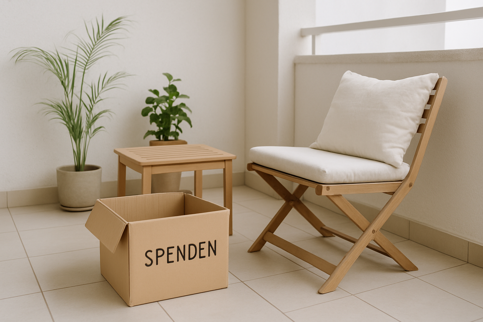 Minimalistisch gestalteter Balkon mit wenigen ausgewählten Pflanzen und gemütlicher Sitzecke