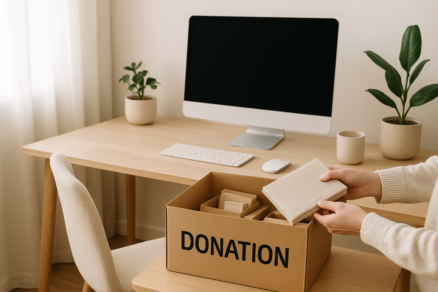 Minimalistischer Schreibtisch mit Laptop, Notizbuch und Pflanze vor weißer Wand