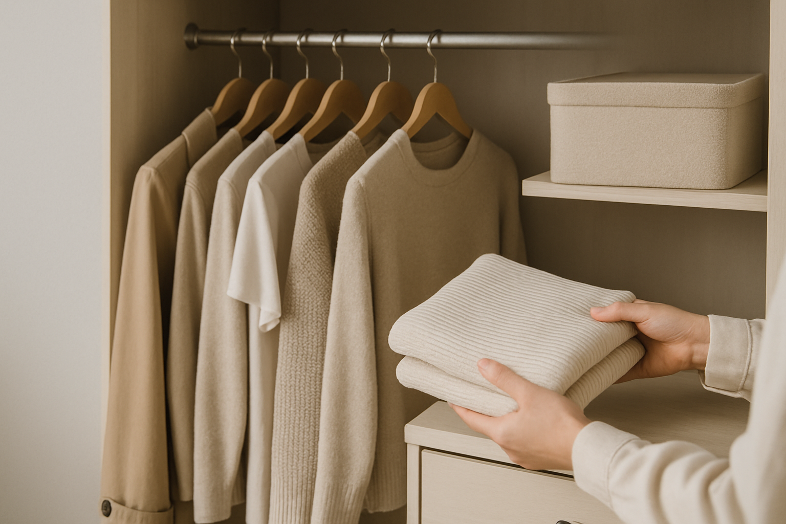 Aufgeräumter minimalistischer Kleiderschrank mit sorgfältig gefalteter Kleidung und viel freiem Raum