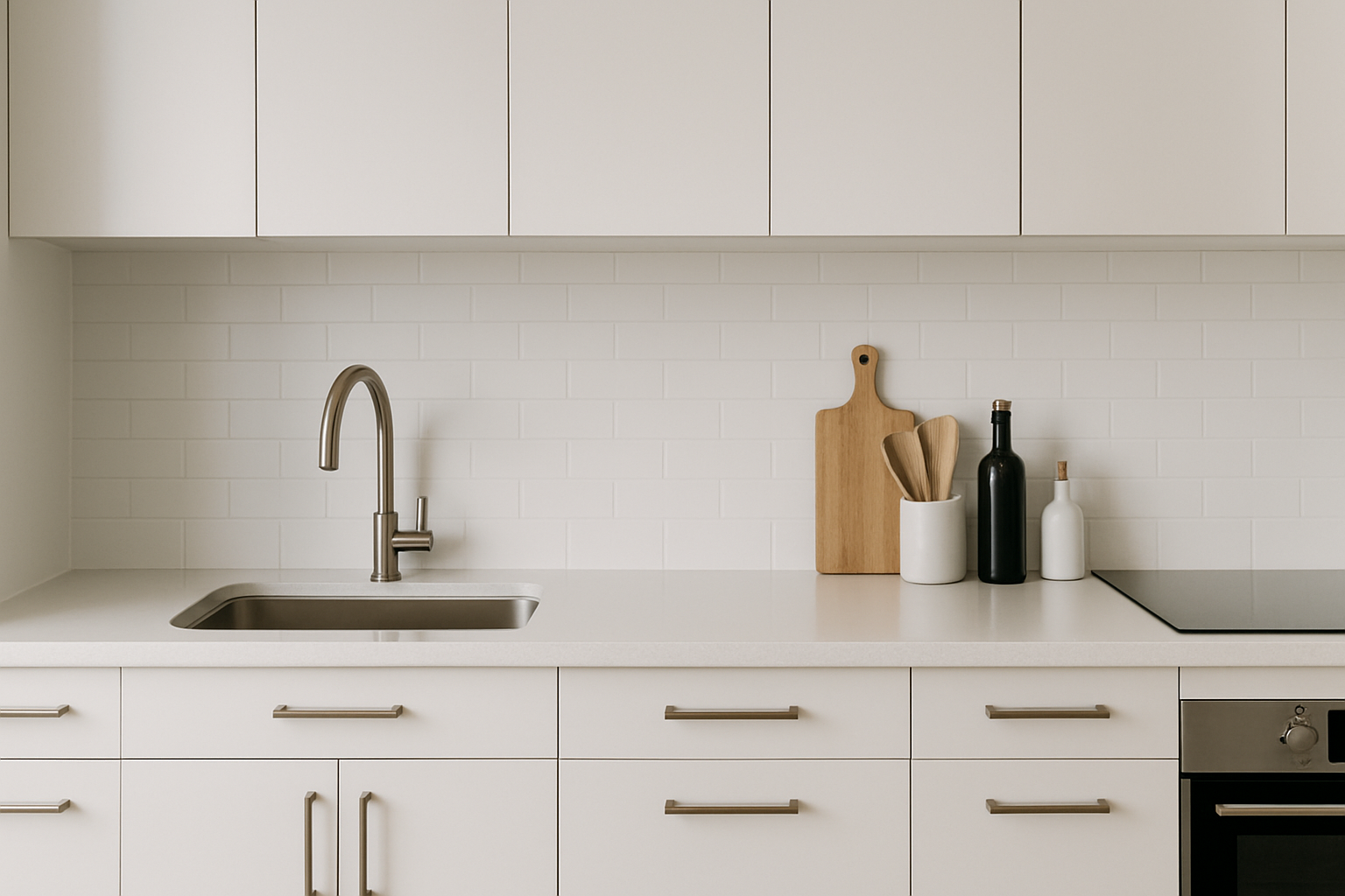 Aufgeräumte minimalistische Küche mit freien Arbeitsflächen und organisierten Schränken