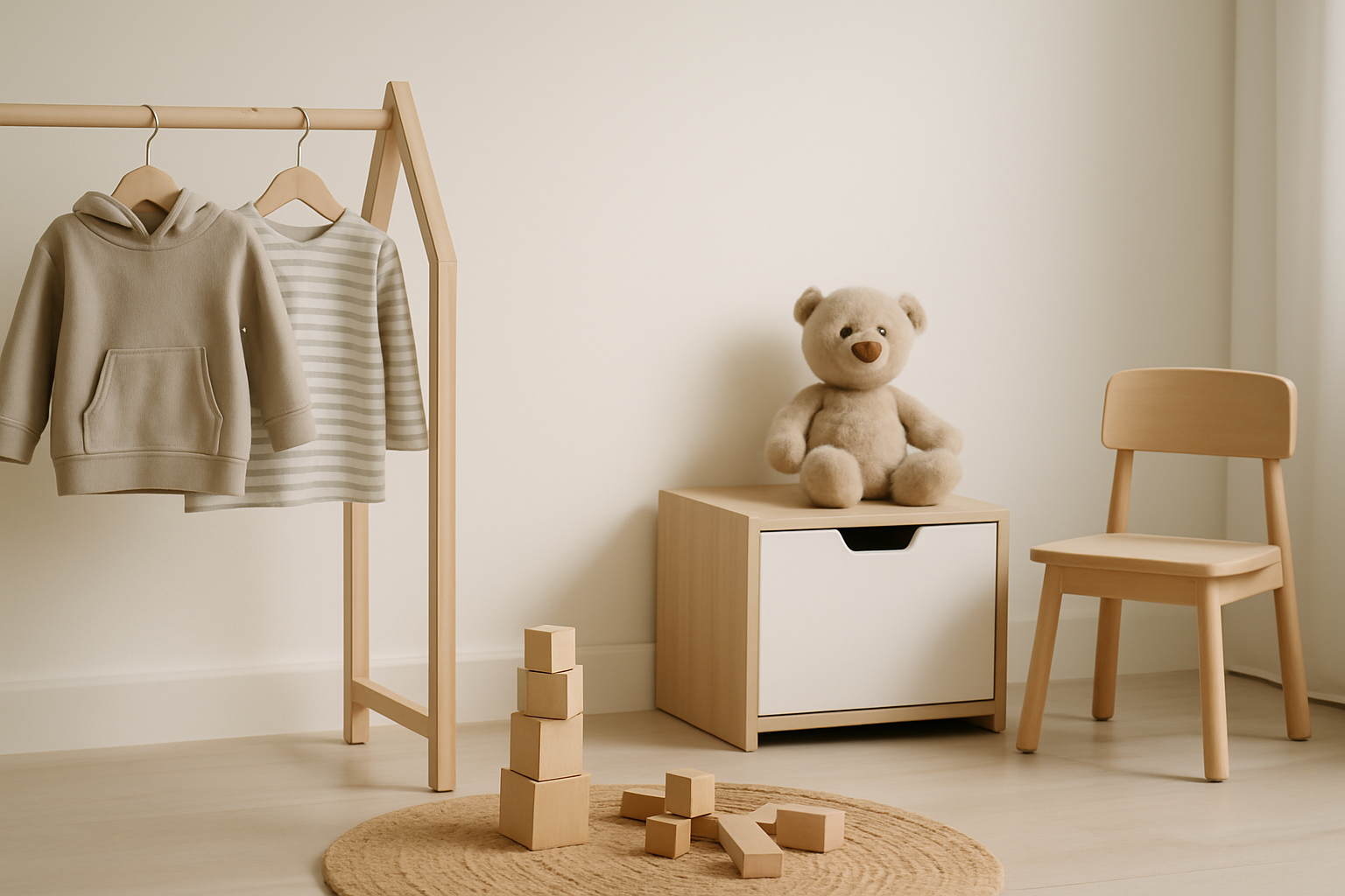 Familie mit Kindern in minimalistisch eingerichtetem Wohnzimmer mit wenigen ausgewählten Spielsachen