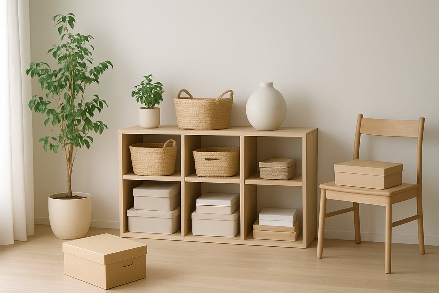 Minimalistisch organisierte Schublade mit übersichtlich sortierten Gegenständen in dezenten Aufbewahrungsboxen