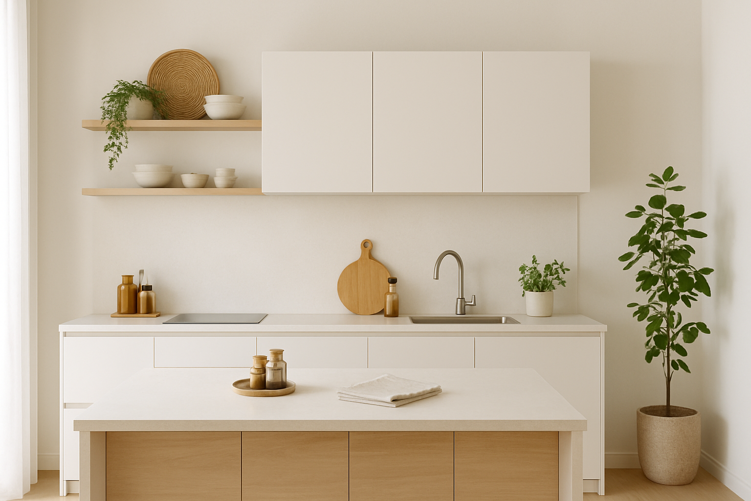 Helle, aufgeräumte minimalistische Küche mit wenigen Gegenständen und klaren Linien