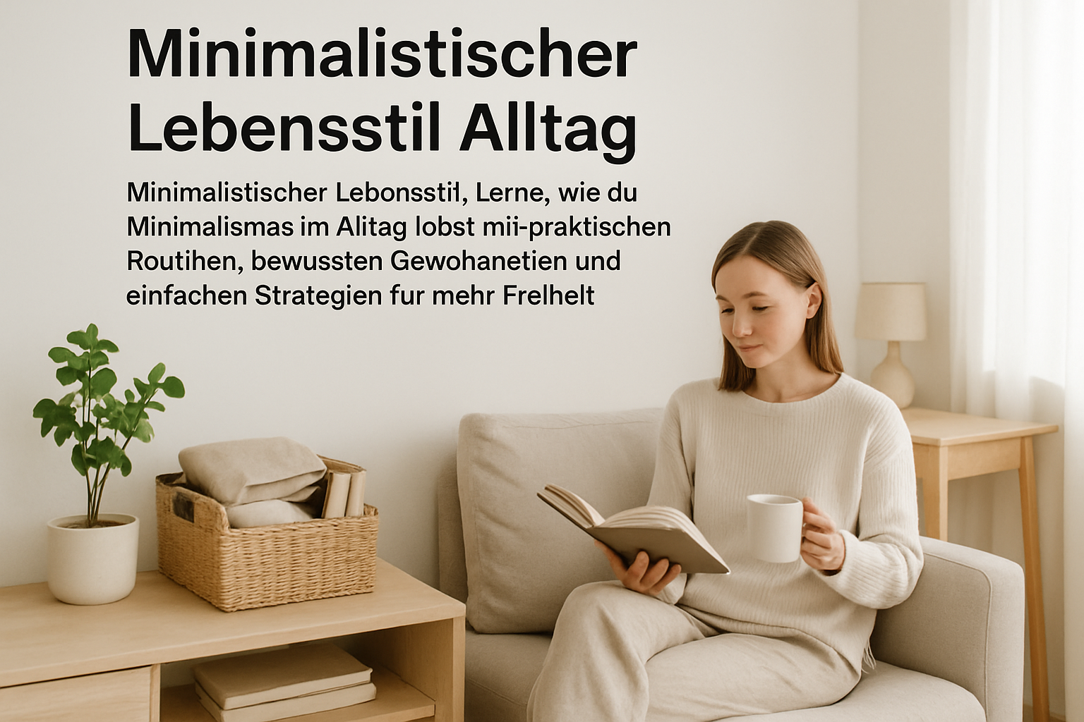 Person genießt entspannten minimalistischen Morgen mit Tasse Kaffee in ruhiger, aufgeräumter Umgebung