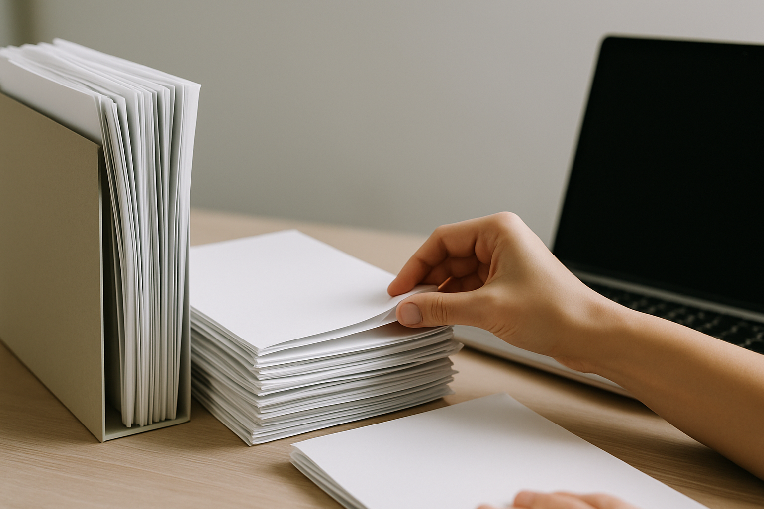 Ordentlich organisierter minimalistischer Schreibtisch mit wenigen sortierten Dokumenten und Laptop