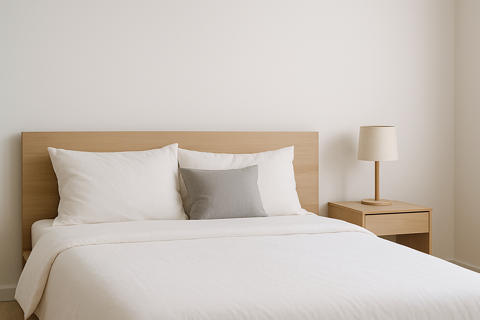Minimalistisches Schlafzimmer mit aufgeräumtem Bett, wenigen Möbeln und beruhigender Atmosphäre
