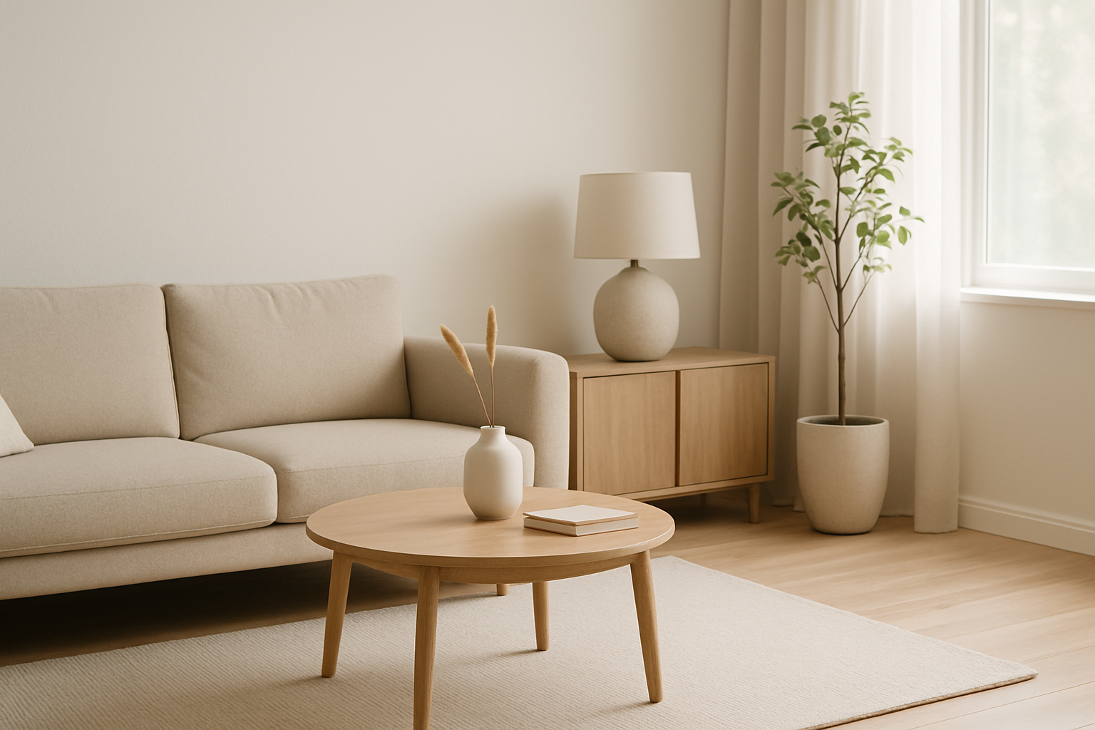 Minimalistisches Wohnzimmer mit hellen Farben, wenigen ausgewählten Möbeln und viel freiem Raum